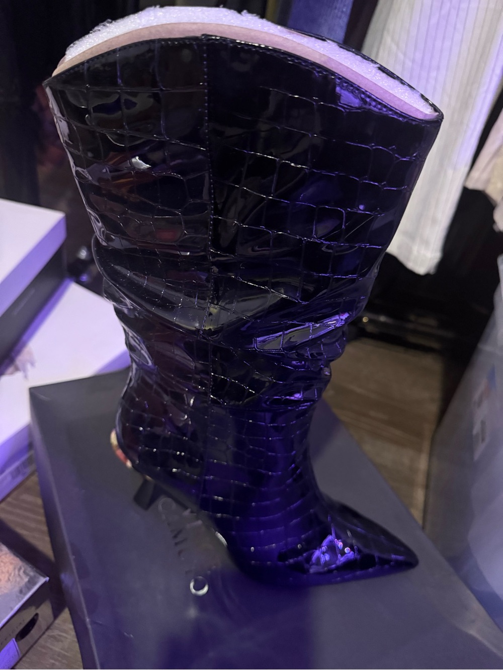 Vince Camuto Black Patent Croc-Embossed Pointed Toe Mid-Calf Boot